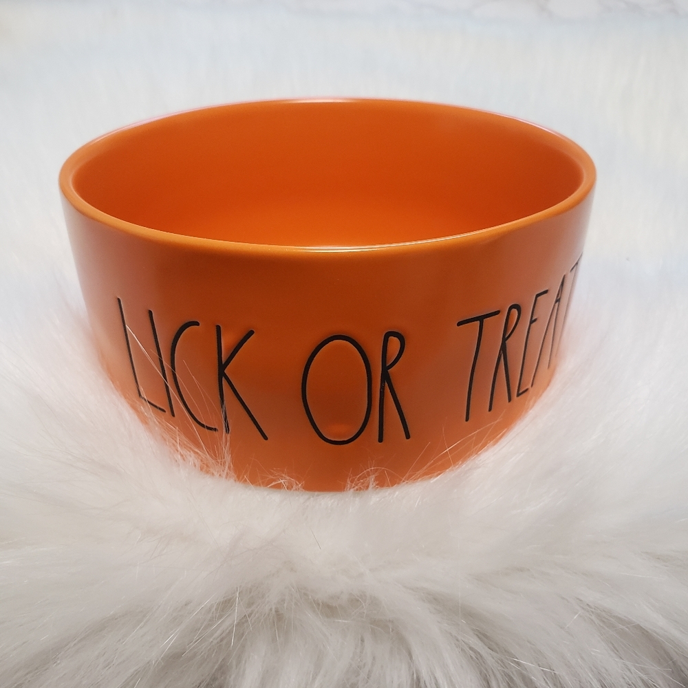 Rae dunn LICK OR TREAT Halloween dog food bowl.